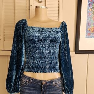 Anthropologie Velvet blue Square Neck Smocked Puff Sleeve Top